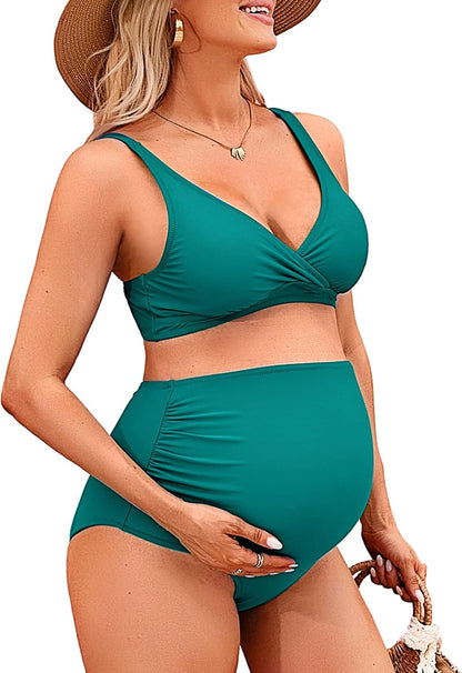 Charmo High Waisted Maternity Swimsuit Bikini Set V Neck Pregnancy Bathing Suits Push Up Two Piece Swimwear