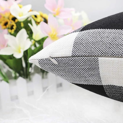 4TH Emotion Set of 1 Farmhouse Buffalo Check Plaid Throw Pillow Covers Cushion Case Polyester Linen for Fall Home Decor Black and White, 18 x 18 Inches