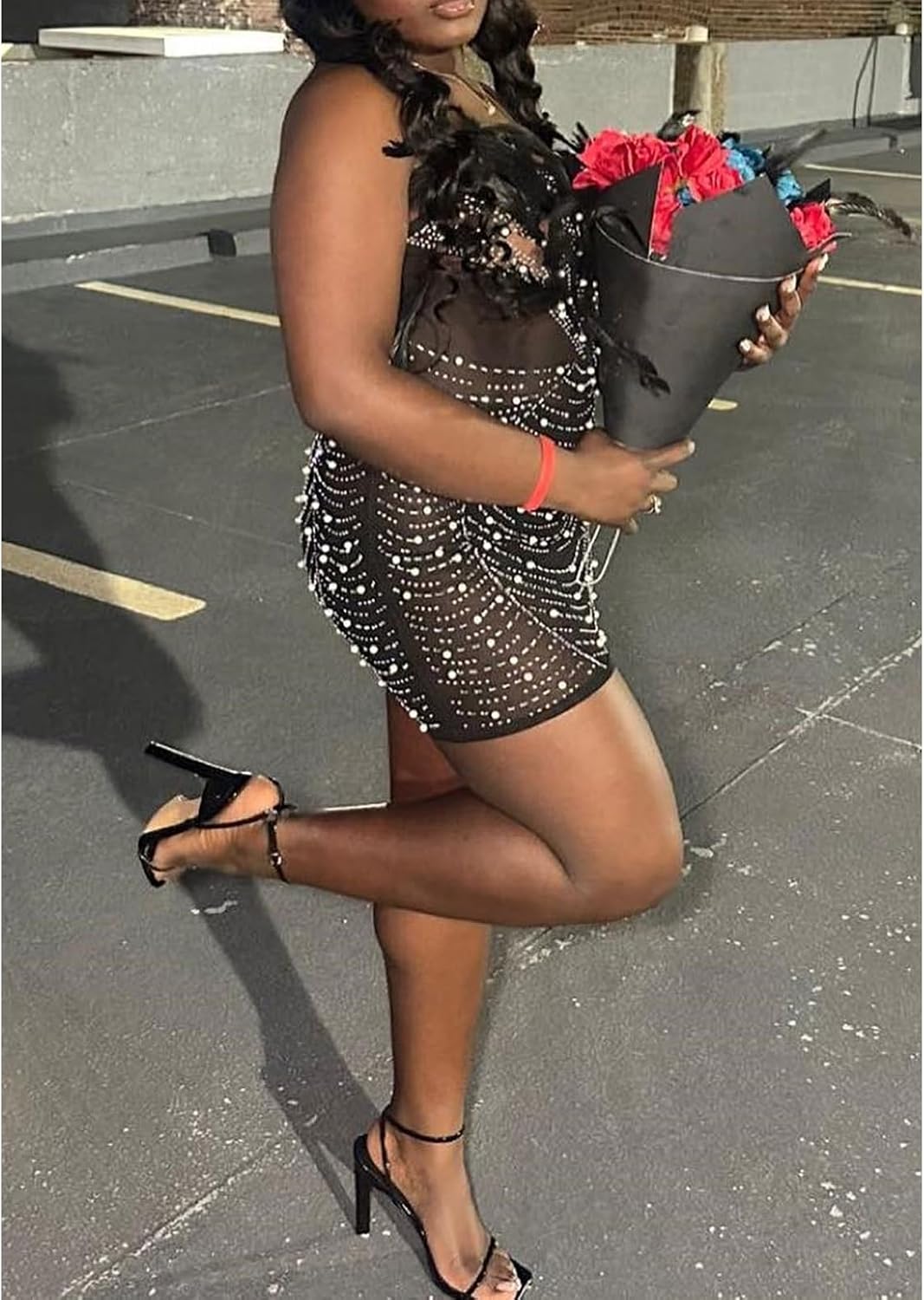 Yuopeid Women's Deep V Neck Mini Bodycon Dresses Sleeveless Rhinestone Feather Sexy Mesh Birthday Party Strapless Dress.