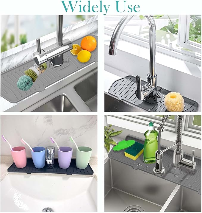 Kitchen Sink Splash Guard,Sink Protectors for Kitchen Sink,Sink Mat,Sponge Holder,Silicone Faucet Handle Drip Catcher Tray for Kitchen Bathroom Sink Accessories(Black,13.7Aux 5.8Au)