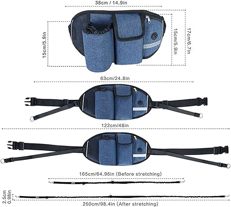 Waist Leash for Dog Walking - Hands Free Dog Leash with Multi Pouches, Wide Back Support Belt Bungee Dog Leash, Dog Waist Belt Leash for Walking, Running, Hiking, Training Leash (Black NO Leash)