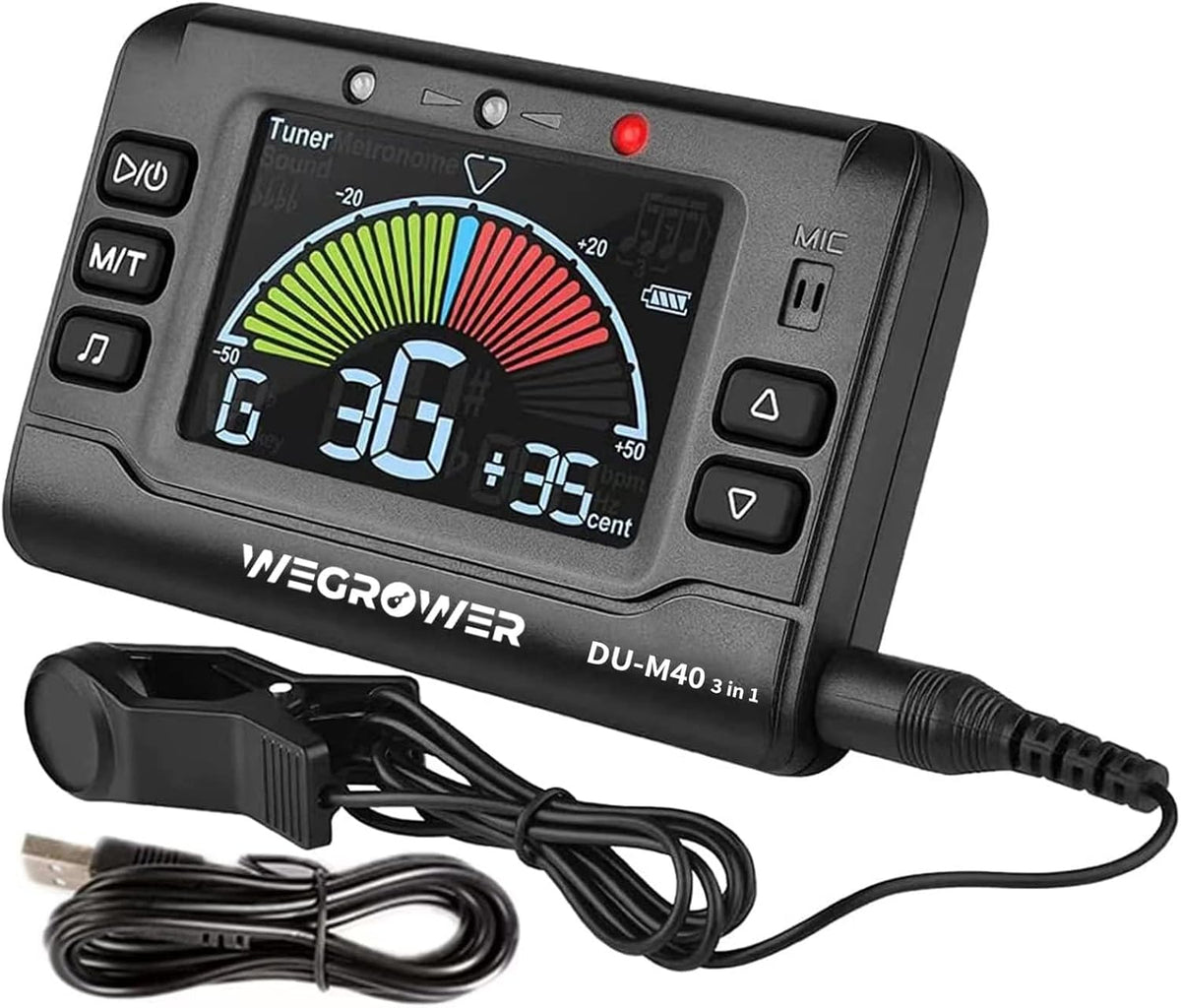 Wegrower Metronome Tuner, Rechargeable 3 In 1 Digital Metronome Tuner Tone Generator for Guitar, Bass, Violin, Ukulele and Chromatic,Clarinet, Trumpet, Flute, Tuners for All Instruments (Clamp cable not included)