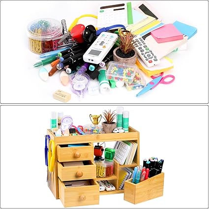 Elsjoy Bamboo Makeup Organizer with 3 Drawers  12-Grid Lipstick Holder, Desk Bamboo Vanity Jewelry Organizer, Countertop Cosmetic Storage Box Stand with Hooks for Hanging Jewelry