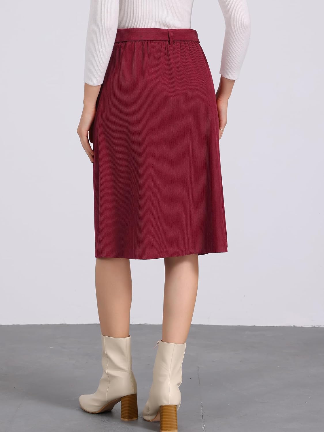 Allegra K Women's Button Front High Waist A-Line Belted Corduroy Midi Skirt | Corduroy Fabric, Tie Waist, A-Line, High Waist, Elastic Waist, Slant Pockets, Belt Loops, Midi Length