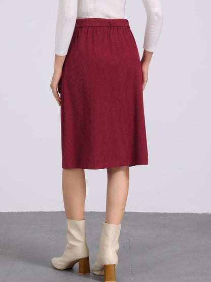 Allegra K Women's Button Front High Waist A-Line Belted Corduroy Midi Skirt | Corduroy Fabric, Tie Waist, A-Line, High Waist, Elastic Waist, Slant Pockets, Belt Loops, Midi Length