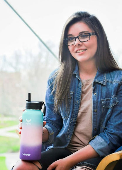 Vmini Water Bottle with Straw, Wide Rotating Handle Straw Lid, Wide Mouth Vacuum Insulated Stainless Steel Water Bottle, Nattier Blue, 40 oz