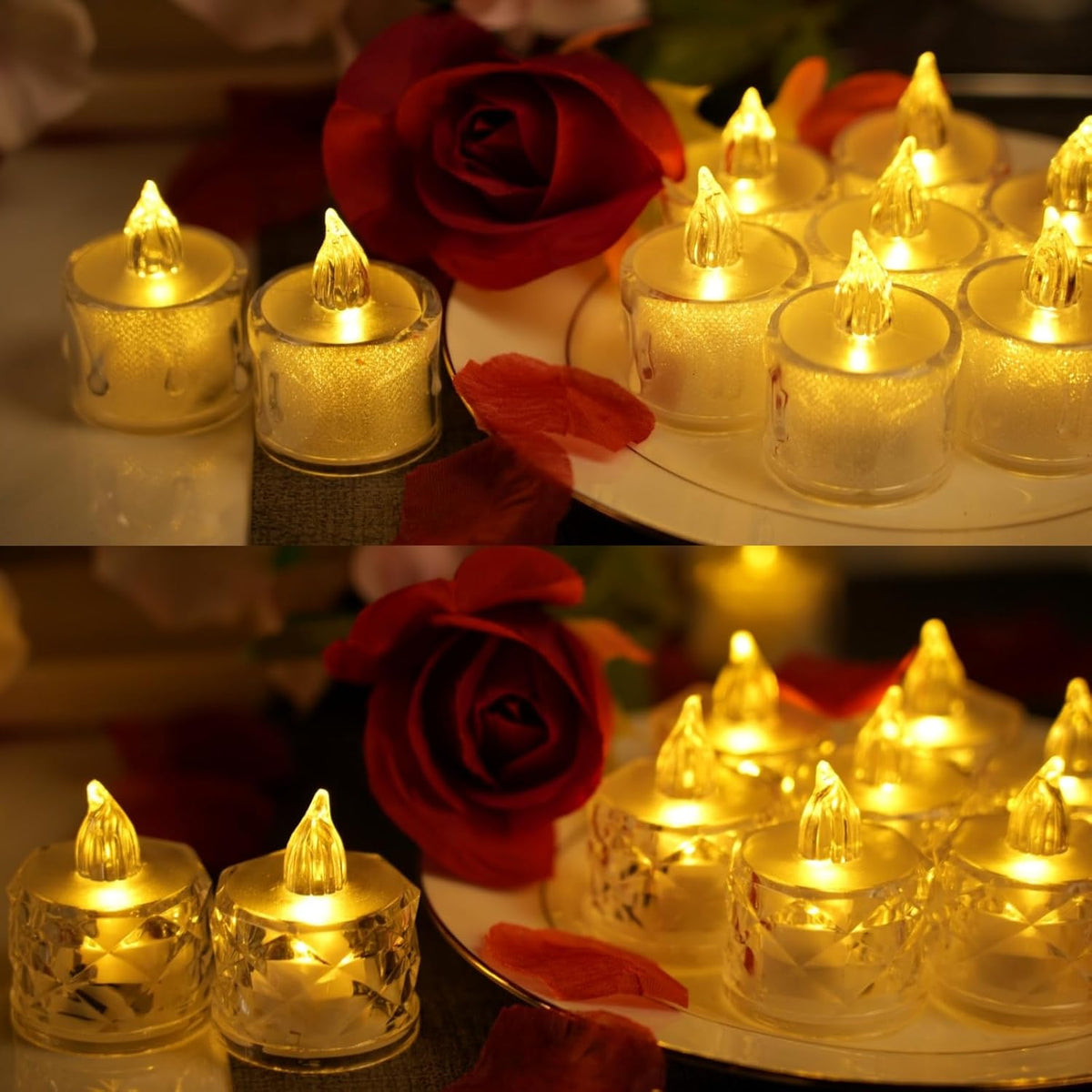 SupBri 3pc Pack Flameless Tea Lights Candles Battery Operated, Crystal Led Tealight Candles,Votive Electric Fake Candles for Valentines Wedding Diwali Christmas Decorations