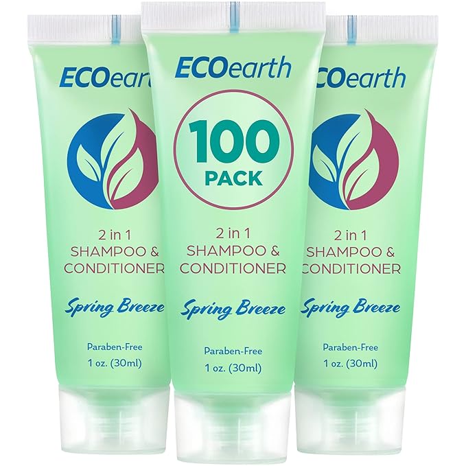 EcoEarth Travel Size Shampoo Conditioner 2-in-1 (1 fl oz, 100 PK, Spring Breeze) Delight Your Guests wRevitalizing  Refreshing Conditioning Shampoo Amenities, Small Size Hotel Toiletries in Bulk