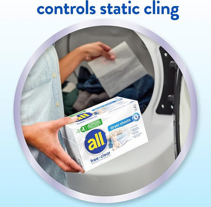 all free clear Fabric Softener Dryer Sheets for Sensitive Skin, 195 Count Dye free, dermatologist tested, fragrance free, controls static cling, reduces wrinkles, HE compatible