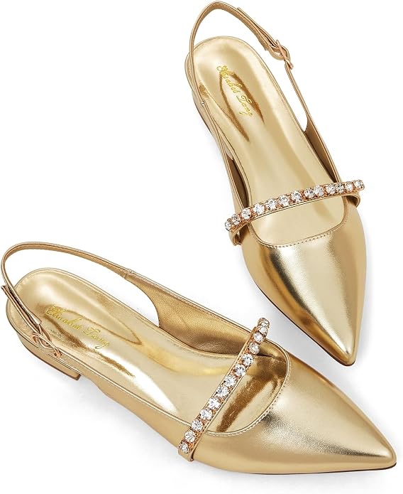 Elisabet Tang Women Slingback Flats with Rhinestone Pointed Toe Flats for Women Dressy Shoes