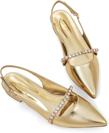 Elisabet Tang Women Slingback Flats with Rhinestone Pointed Toe Flats for Women Dressy Shoes