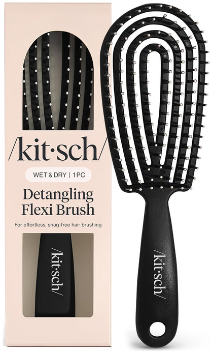 Kitsch Hair Brush Detangler – Flexi Flow Hair Brush for Women, Men & Kids | Detangling Brushes for Curly Hair with Bendable Frame, Bounce Curl Defining Brush for Wet or Dry Strands - Black