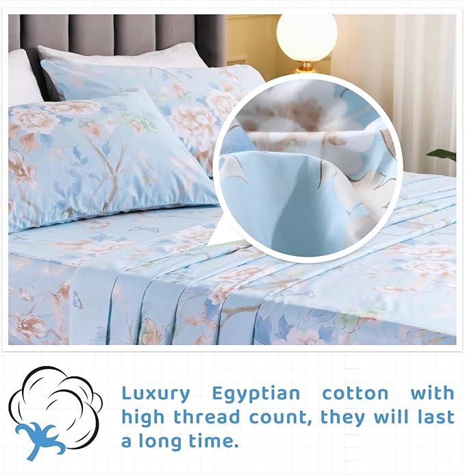 QSH Floral Bed Sheets Set Queen Size - Luxury Bird Butterfly Print Bed Sheet Set - 100% Egyptian Cotton Extra Soft and Breathable - 4 pcs Deep Pockets Flower Bed Sheets
