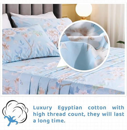 QSH Floral Bed Sheets Set Queen Size - Luxury Bird Butterfly Print Bed Sheet Set - 100% Egyptian Cotton Extra Soft and Breathable - 4 pcs Deep Pockets Flower Bed Sheets