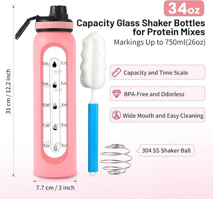 Glass Shaker Bottle,34oz/1L BPA-Free Blender Shaker Bottle With 304SS Ball and Retractable Cleaning Brush for Protein Mixes Fitness(Pink)