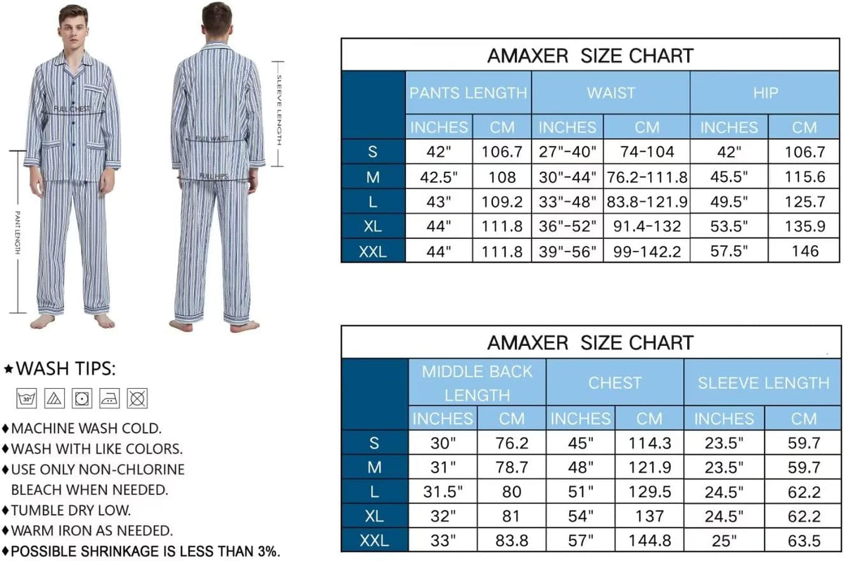 amaxer Mens 100% Cotton Pajamas Set Long Sleeve Pjs Button Fly Pants Soft Elastic Drawstring Waistband Bottoms