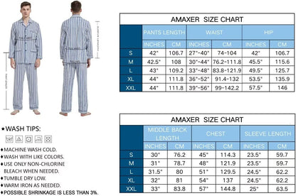 amaxer Mens 100% Cotton Pajamas Set Long Sleeve Pjs Button Fly Pants Soft Elastic Drawstring Waistband Bottoms