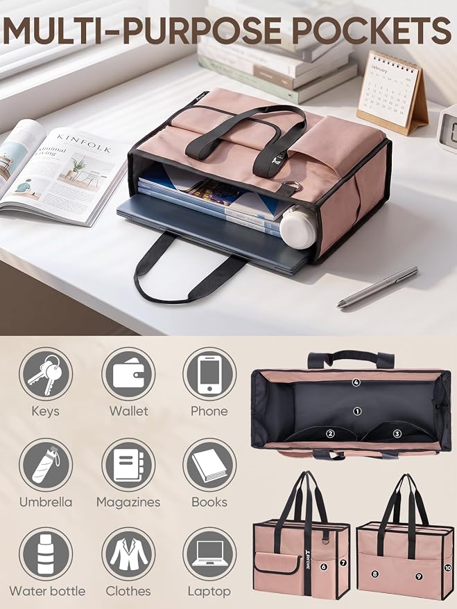 BALEINE Large Utility Tote Bag with Reinforced Bottom, Multi Pockets Foldable Tote Bag for Nurse, Travel, Work