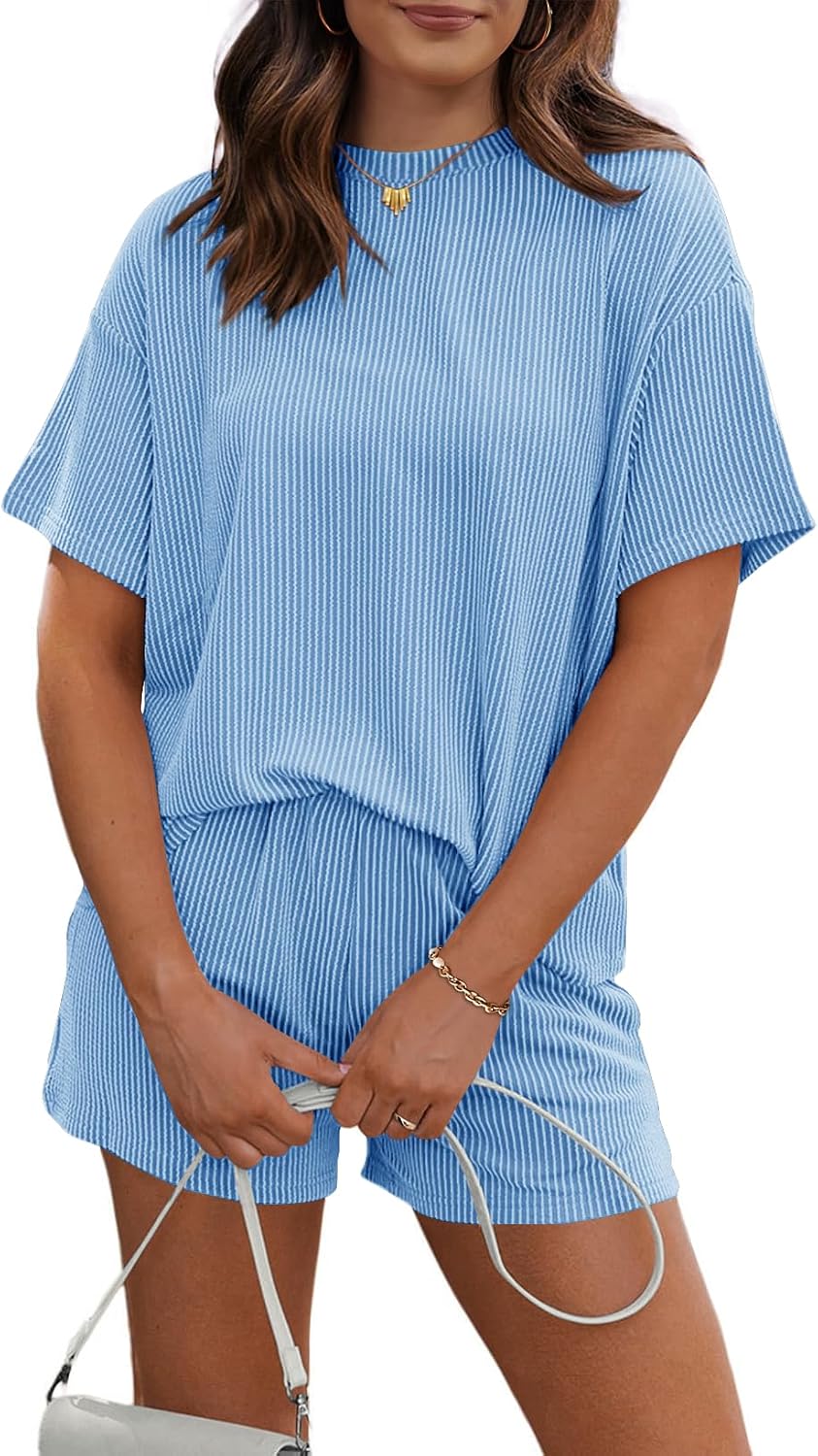 Women's 2 Piece Sets Short Sleeve Outfits Ribbed Textured Knit Lounge Shorts Set Oversized Tracksuit Matching Sets