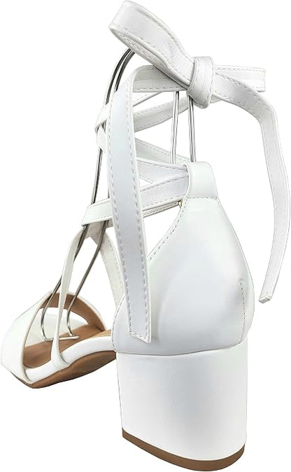 TruFox Women's Strappy Low Block Heels, Tie Up Open Toe Sandals | Lace-Up Heels, Wrap-Around Design, Cushioned Insole for All-Day Comfort - Great for Parties & Weddings