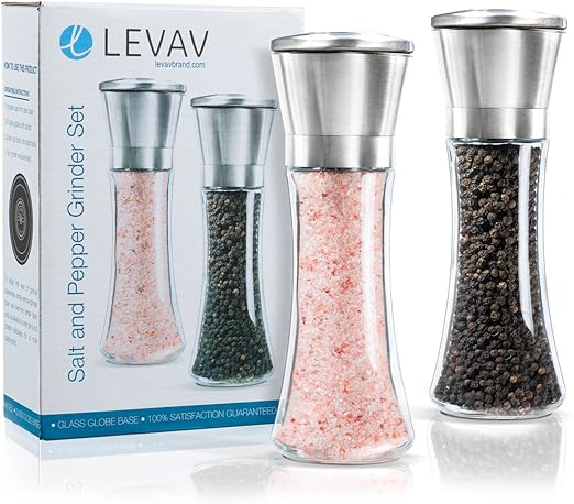Premium Salt and Pepper Grinder Set of 2- Brushed Stainless Steel Pepper Mill and Salt Mil, Glass Body, Size Grade adjustable ceramic rotor-salt and pepper shakers (tall)