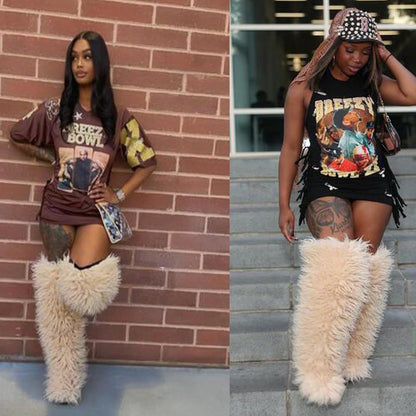 YXCFEWD Over the Knee Faux Fur Boots for Women 29 inchs Winter Thigh High Boots Fluffy Furry Snow Boots