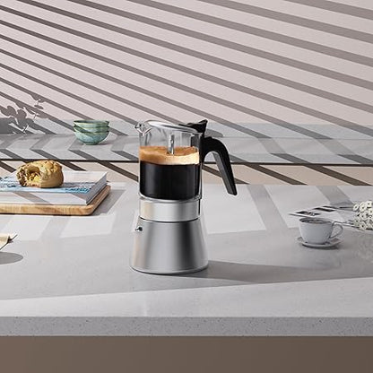 Moka Induction Stovetop Espresso Maker,Crystal Glass-top  Stainless Steel Espresso Moka Pot,Classic Italian coffee maker,240ml(6cup)