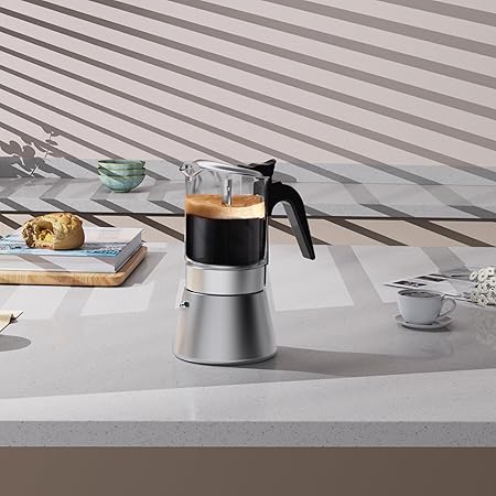 Moka Induction Stovetop Espresso Maker,Crystal Glass-top  Stainless Steel Espresso Moka Pot,Classic Italian coffee maker,240ml(6cup)