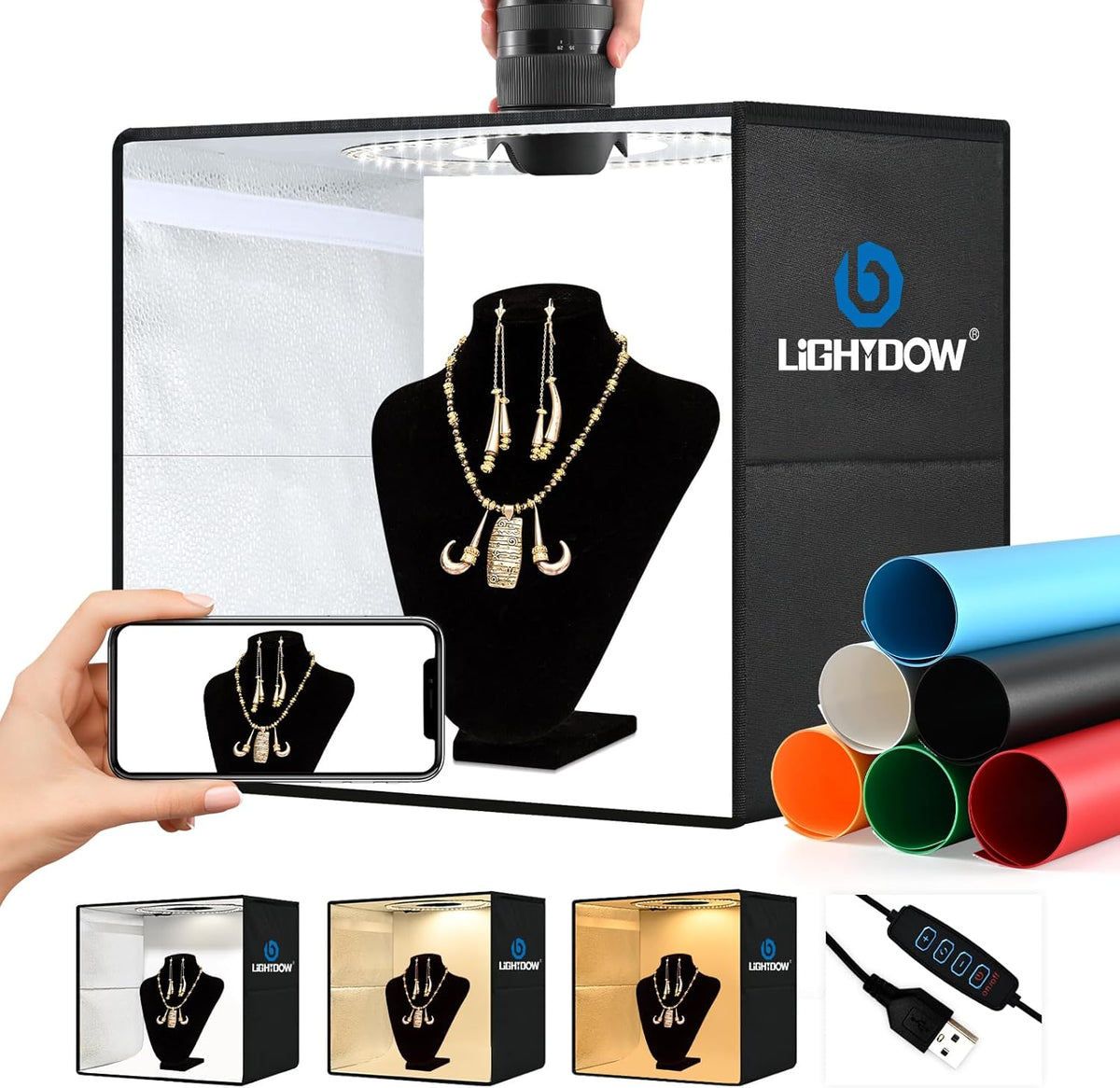 Lightdow 16"x16"x12" Photo Studio Light Box Photography with 120 LEDs (CRI>95), 1 Backdrops - Portable/Dimmable/Versatile Folding Shooting Tents for Toys/Jewelry/Watches/Cosmetics Photography