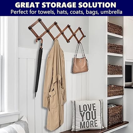 Amber Home Wood Accordion Wall Rack 13 Hooks (Pegs), Expandable Wall Mounted Hanger for Coat, Hat, Scarf, Coffee Mugs, X Shape Coat Hooks (Antique Retro Color)
