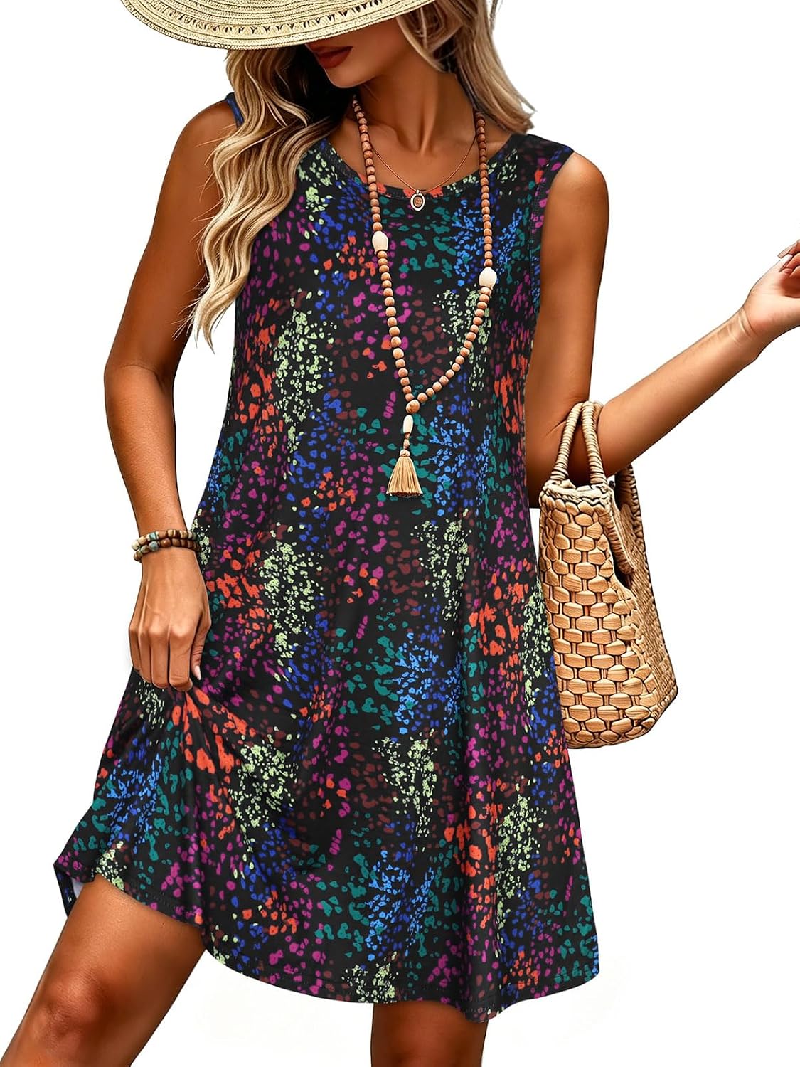 elescat Women's Summer Dresses 2026 Beach Casual Sleeveless Floral Print Tank Loose Sundress with Pocket