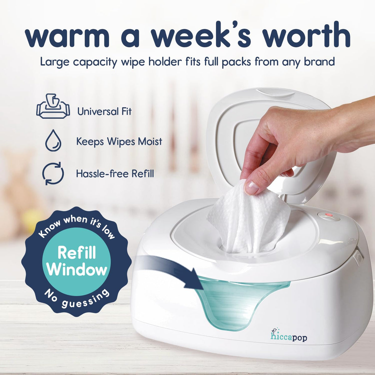 Wipe warmer keeps wipes at perfect temp, prevents drying, built-in changing light for late night diaper changes.