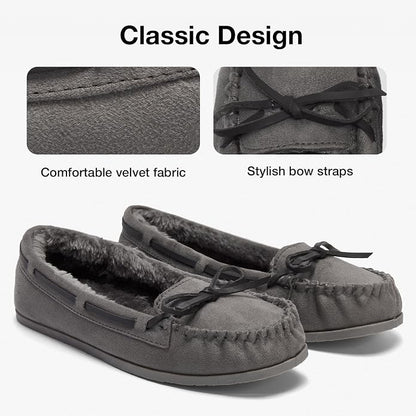 KOLILI Womens Faux Fur Moccasin Slippers, Indoor Outdoor Warm & Cozy House Shoes with Durable Rubber Sole