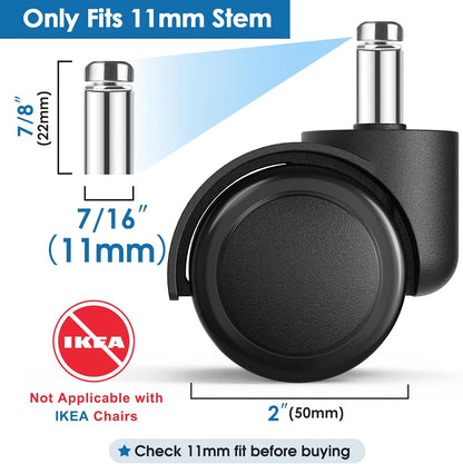 MaxGear 2" Office Chair Wheels Heavy Duty Replacement, Mute Rubber Rotating Desk Chair Caster Wheels, Safe for All Floors Including Hardwood, Only Fits 11mm Stem, NOT for 10mm or IKEA Chairs, Set of 5
