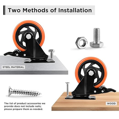 Caster Wheels, Heavy Duty 2 Inch Casters Set of 2, Locking Swivel Casters Wheels for Cart, Furniture and Workbench, Orange