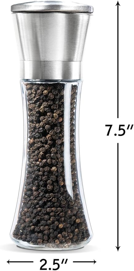 Premium Salt and Pepper Grinder Set of 2- Brushed Stainless Steel Pepper Mill and Salt Mil, Glass Body, Size Grade adjustable ceramic rotor-salt and pepper shakers (tall)