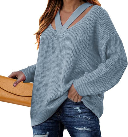 Women's Cut Out V Neck Knit Sweater Jumper Oversized Casual Long Sleeve Fall Pullover Tops
