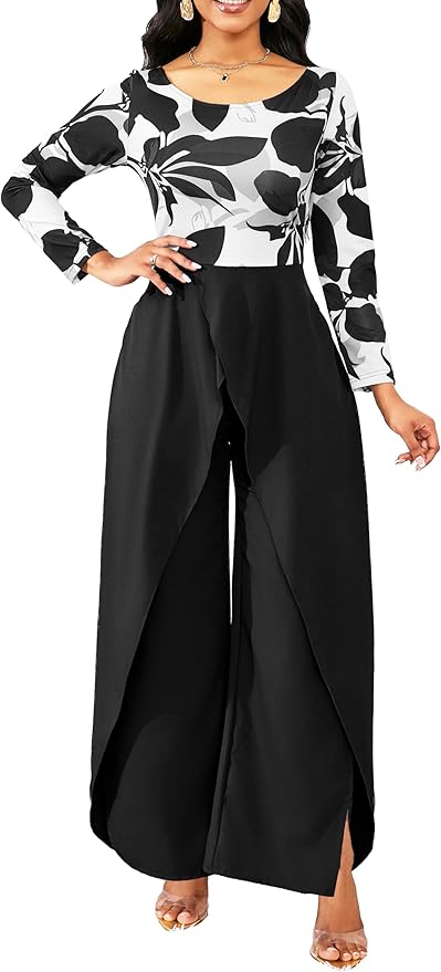 Casual Floral Jumpsuit for Women Dressy Elegant Scoop Neck Long Sleeve Long Pants Cocktail Party Rompers