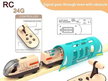 This motorized train set with remote control, tunnel, and realistic sound effects is compatible with popular wooden track brands like Thomas and Brio.
