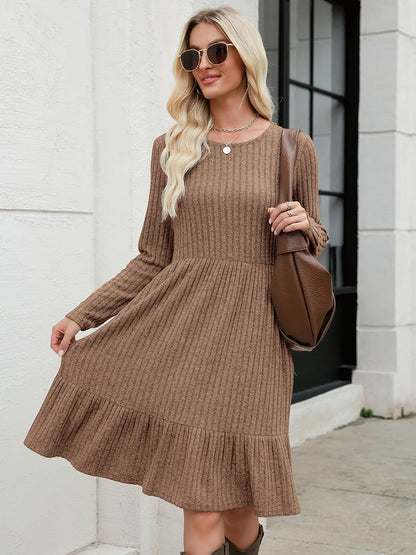 Fall Sweater Dresses for Women 2025 Long Sleeve Crewneck Flowy Babydoll Winter Casual Midi Dress with Pockets
