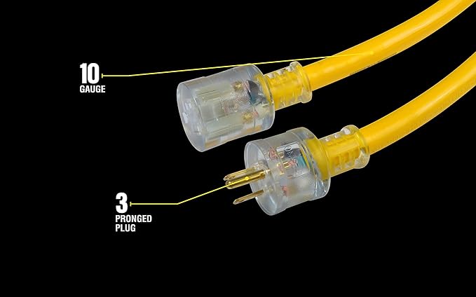 Yellow Jacket Extra Heavy Duty Extension Cord, 100Ft, 10 Gauge, 3 Conductor, Lighted End, Weather Resistant, SJTW, Yellow, 2806