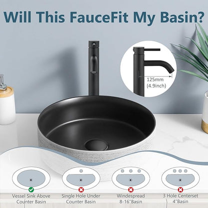 Aolemi Matte Black Vessel Sink Faucet Bathroom Faucet Tall Stainless Steel Bathroom Sink Faucet Single Handle One Hole Round Body with Pop up Drain Basin Bowl Vanity Lavatory Mixer Tap
