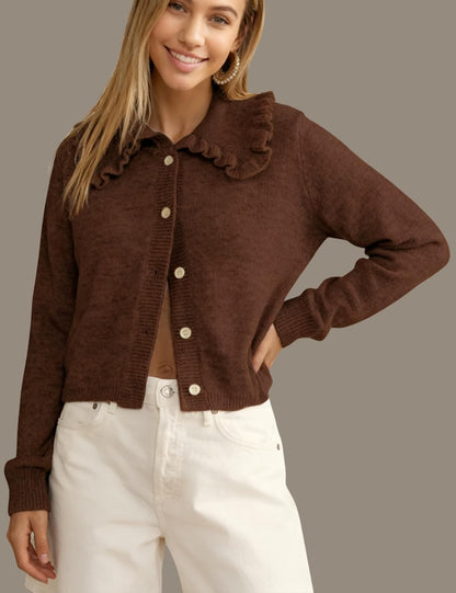 InterNos Womens Y2k Ruffled Collar Cardigan Sweaters Classic Button Down Long Sleeves Fall Sweater Crop Tops