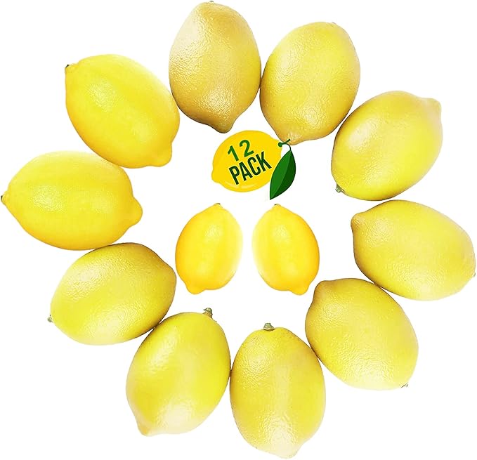 Fake Artificial Fruit Lemons Set of 12, Artificial Faux Fruits Big Size Vivid Faux Yellow Lemon Plastic Fake Yellow Lemon for Fake Fruit Bowl, Home Kitchen Table Cabinet Party Decor Photography Prop