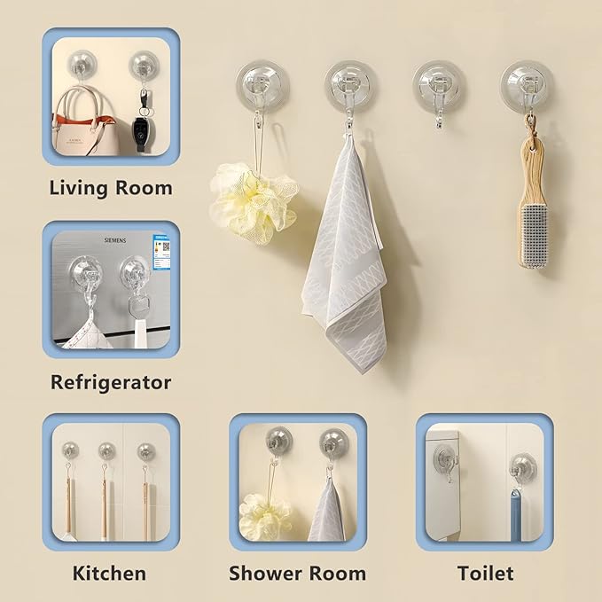 CozyBlue Suction Cup Hooks Heavy Duty - 2 Pack Waterproof Reusable Shower Hooks - Removable for Window, Glass Door, Hangers, Kitchen Tiles, Bathroom Shower Wall...