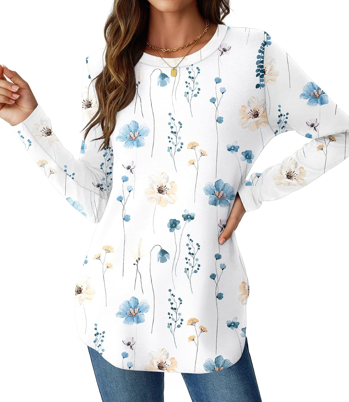 NORACORA Women Long Sleeve Shirts Loose Tunic Crew Neck Lightweight Side Split Casual 2026 Spring Trendy Basic Tshirts Blouse