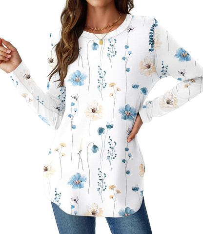 NORACORA Women Long Sleeve Shirts Loose Tunic Crew Neck Lightweight Side Split Casual 2026 Spring Trendy Basic Tshirts Blouse