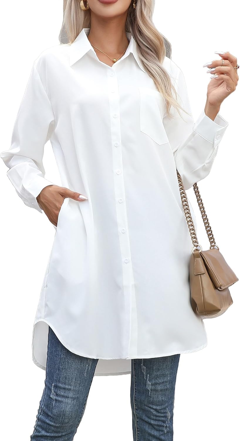 2 pockets at the chest and 2 pockets at the side waist jinghuiyue Women's Casual Button Down Shirts Long Sleeve Oversize Blouse Loose Shirt Dress with Side Pockets