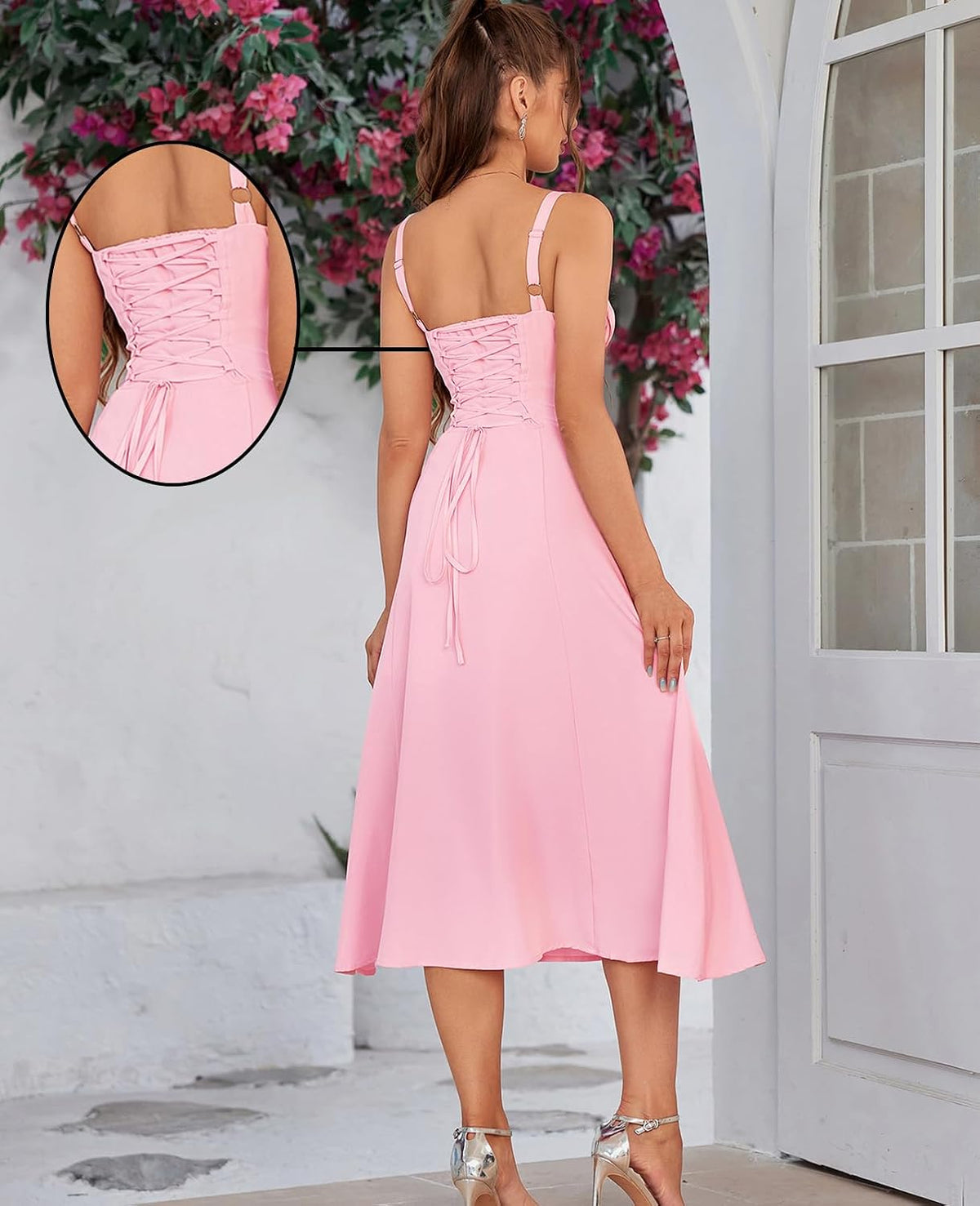Women Summer Corset Midi Dress 2026 Floral Wedding Guest Flowy Slit Lace Up Dresses Tea Party A Line Casual Milkmaid Sundress