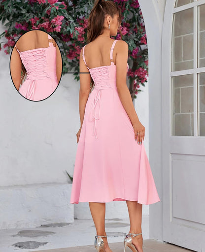 Women Summer Corset Midi Dress 2026 Floral Wedding Guest Flowy Slit Lace Up Dresses Tea Party A Line Casual Milkmaid Sundress
